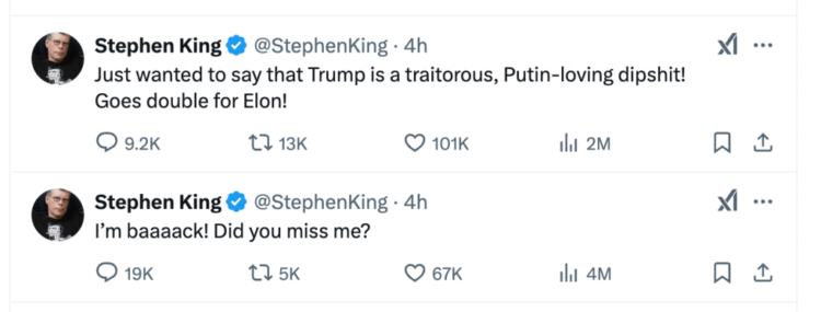 Stephen King Returns to X/Twitter to Slam Donald Trump, Elon Musk